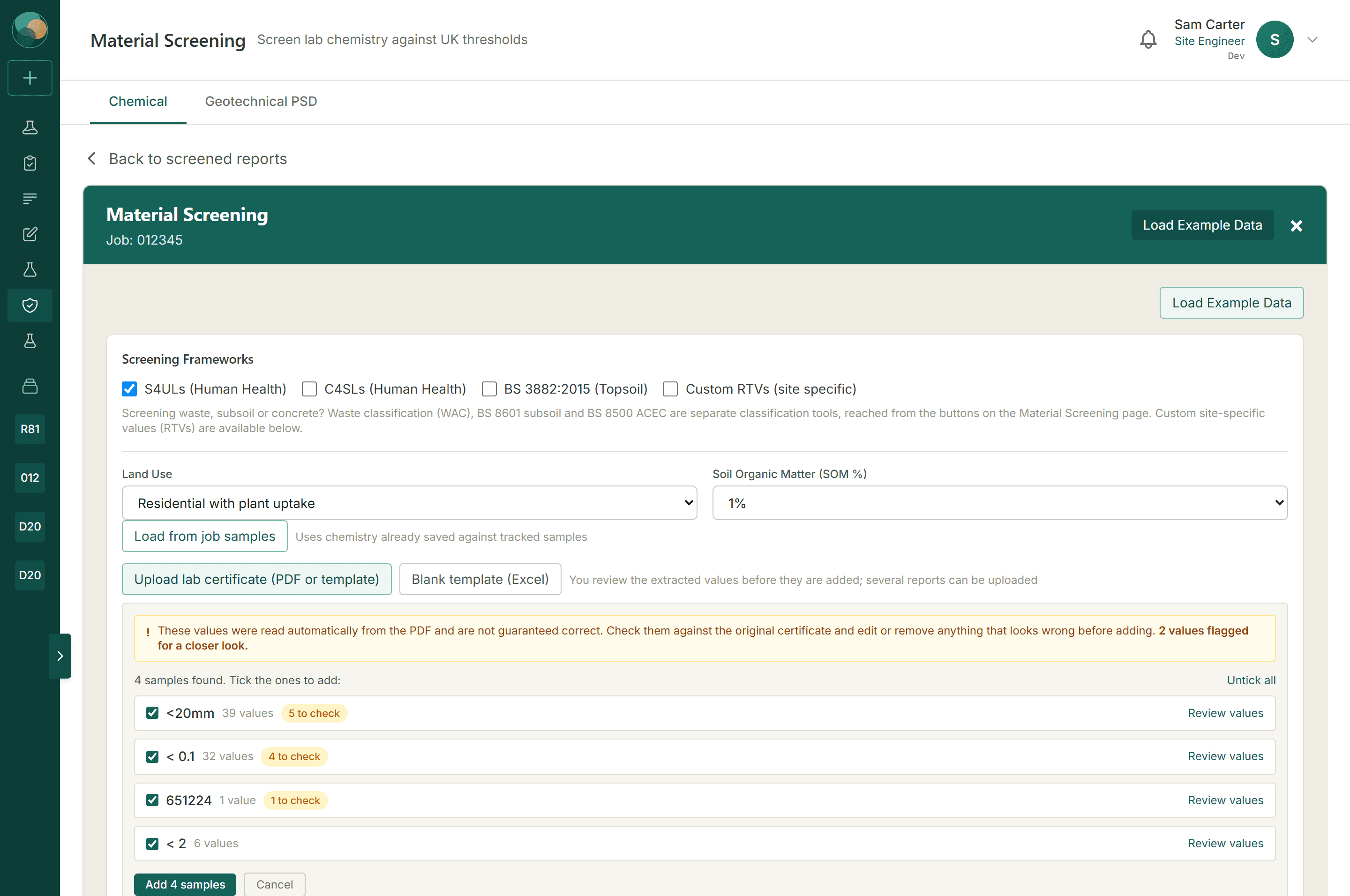 A lab certificate PDF read into BlendIQ: four samples found, each with its count of values and the ones flagged for a check, ready to be reviewed before they are added.