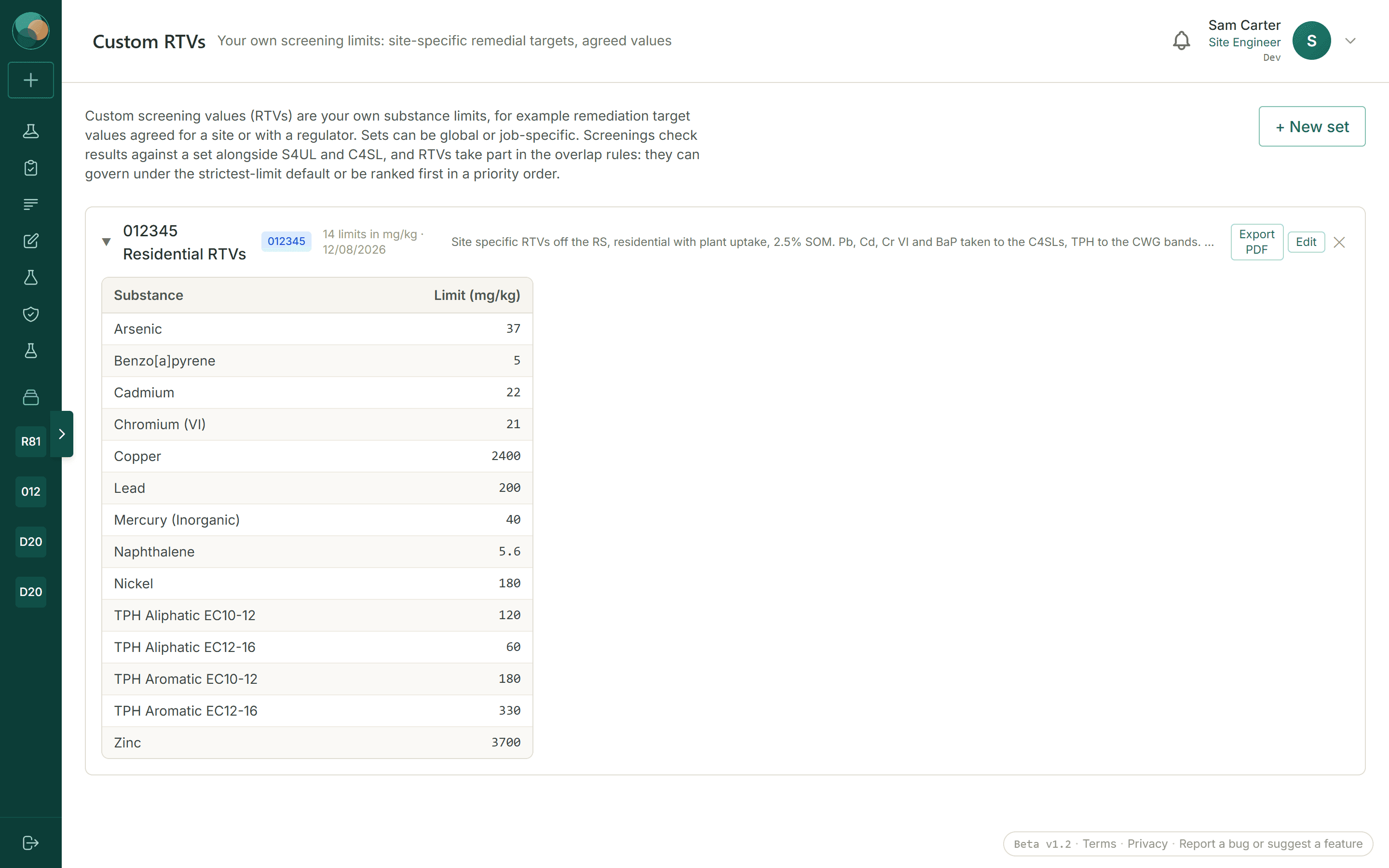 The BlendIQ custom screening values page: a named set of site-specific reference values listed by determinand with their limits and units.