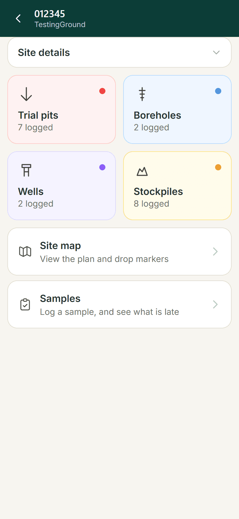 BlendIQ field mode on a phone: one job home with tiles for trial pits, boreholes, wells and stockpiles, the site map and the samples list.