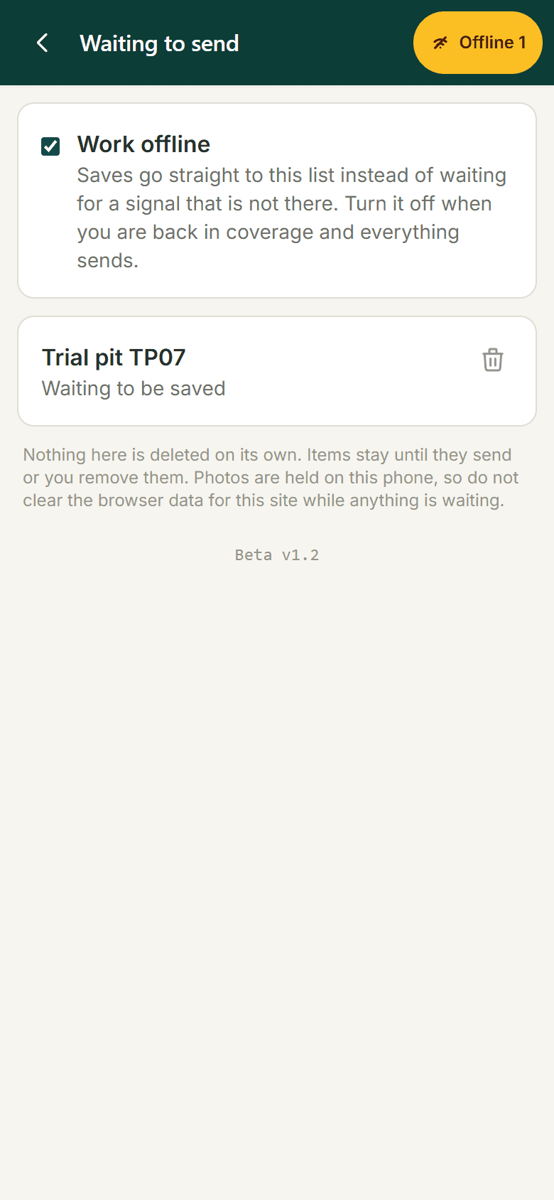 The BlendIQ field queue on a phone: a trial pit logged with no signal waiting to be sent, with a Work offline switch above it.
