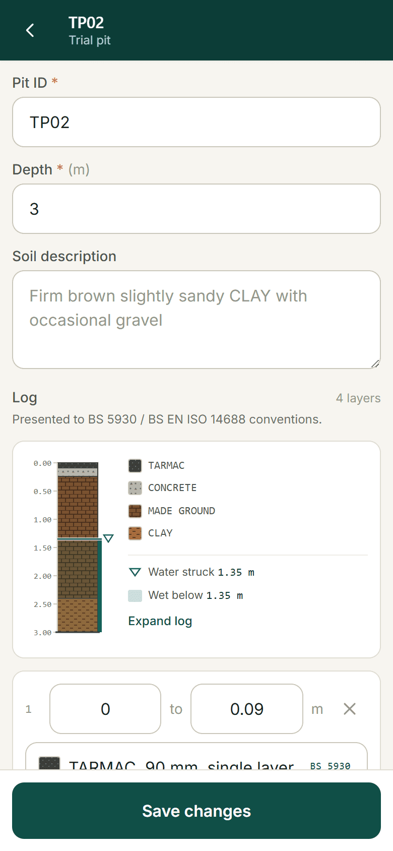 A trial pit record in BlendIQ field mode on a phone: the pit ID, depth and description fields, with photographs and samples attached below.