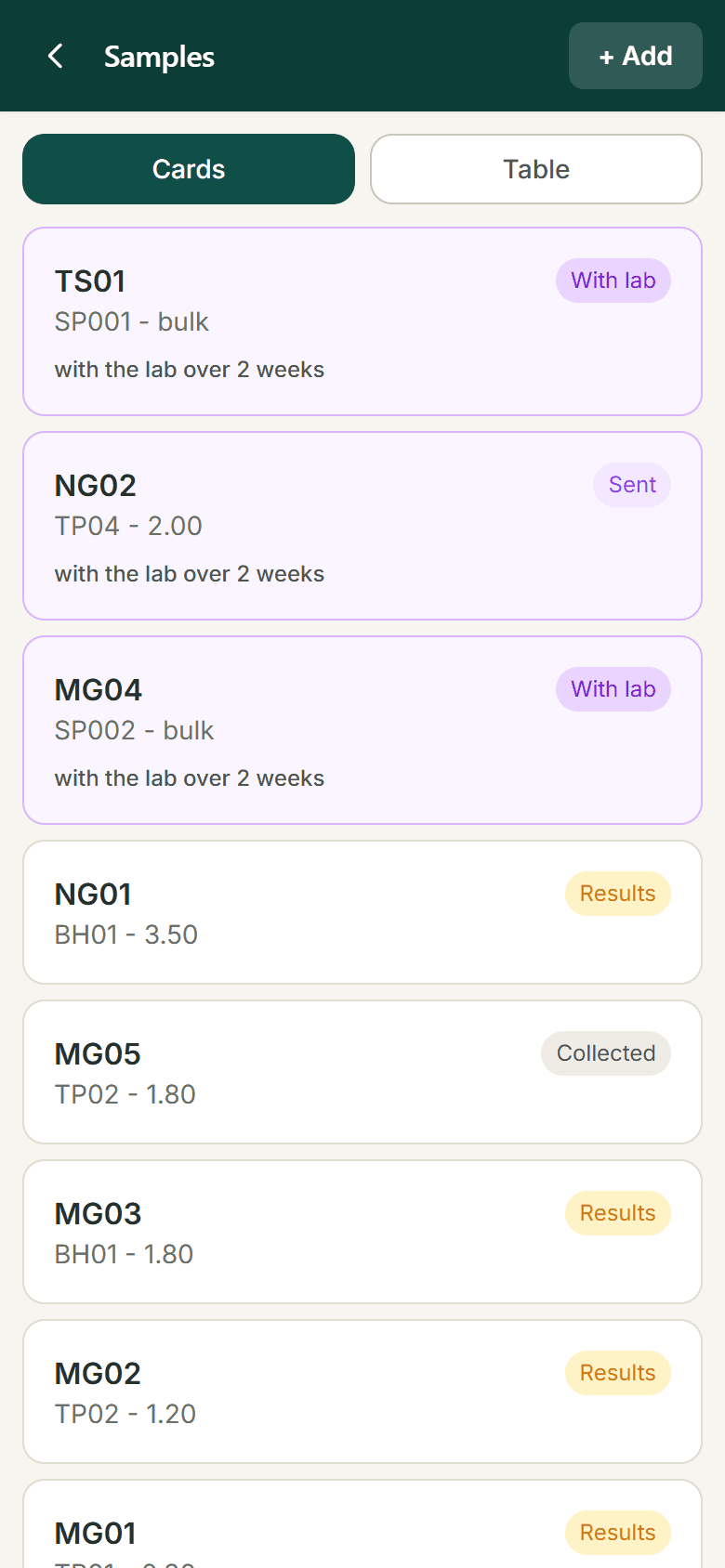 The BlendIQ field samples list on a phone: eleven samples on one job with where each has got to, still shown with no signal.