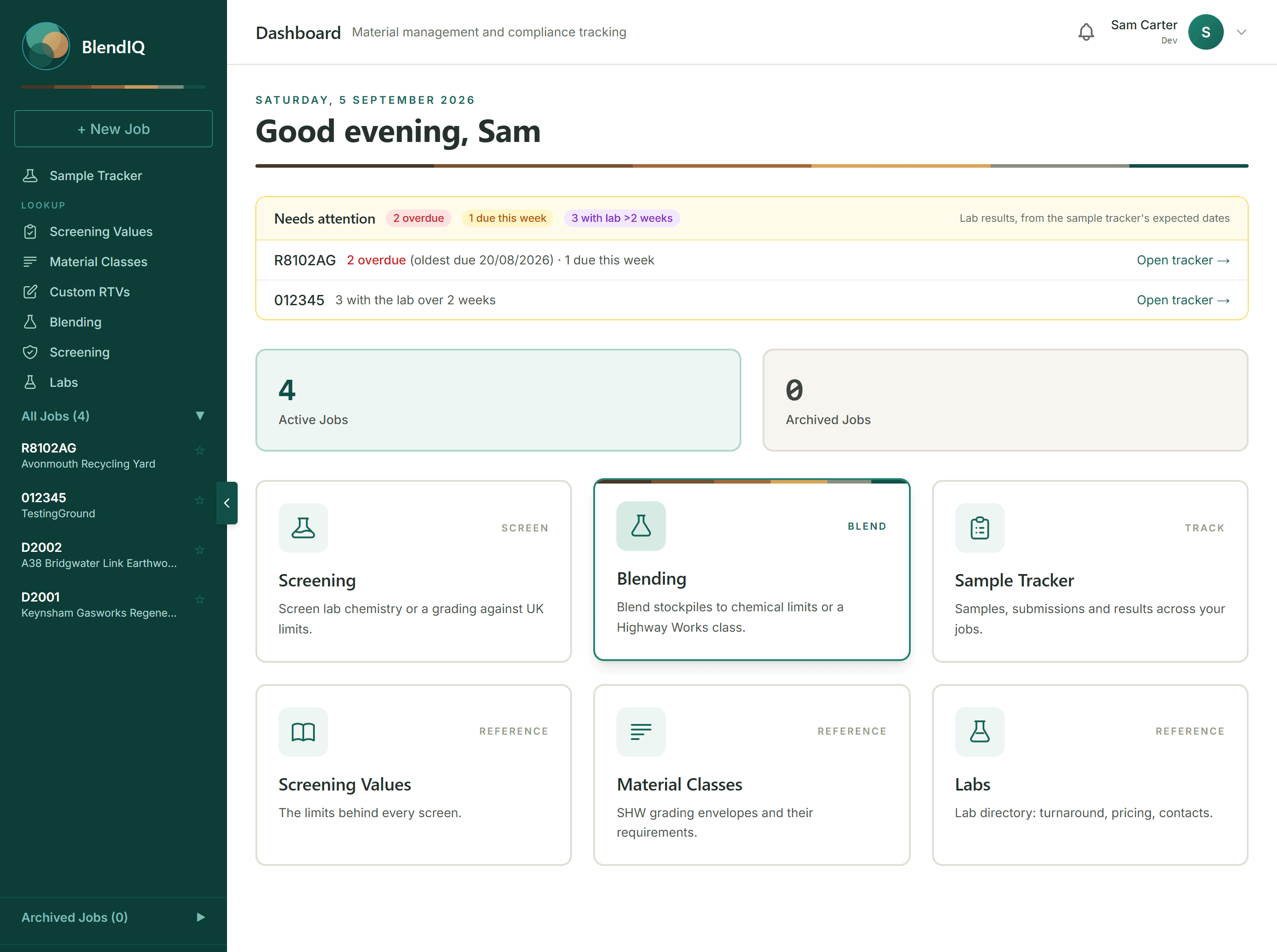 The BlendIQ dashboard: a needs-attention panel listing overdue and late lab samples by job, active job counts and the screening, blending and tracker tools.