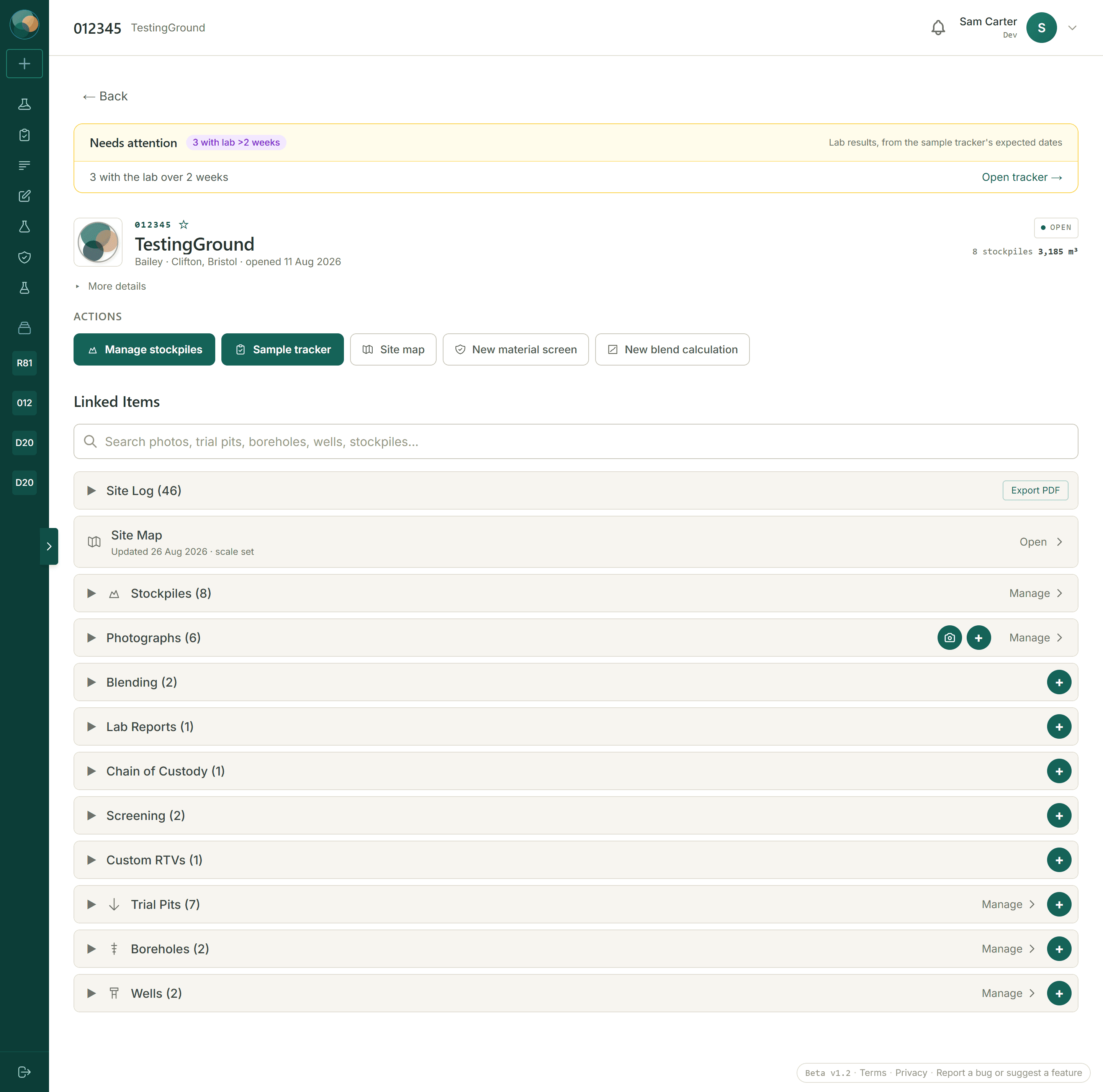 A BlendIQ job page listing the site log, site map, stockpiles, photographs, blends, lab reports, chain of custody, screening, trial pits, boreholes and wells together.