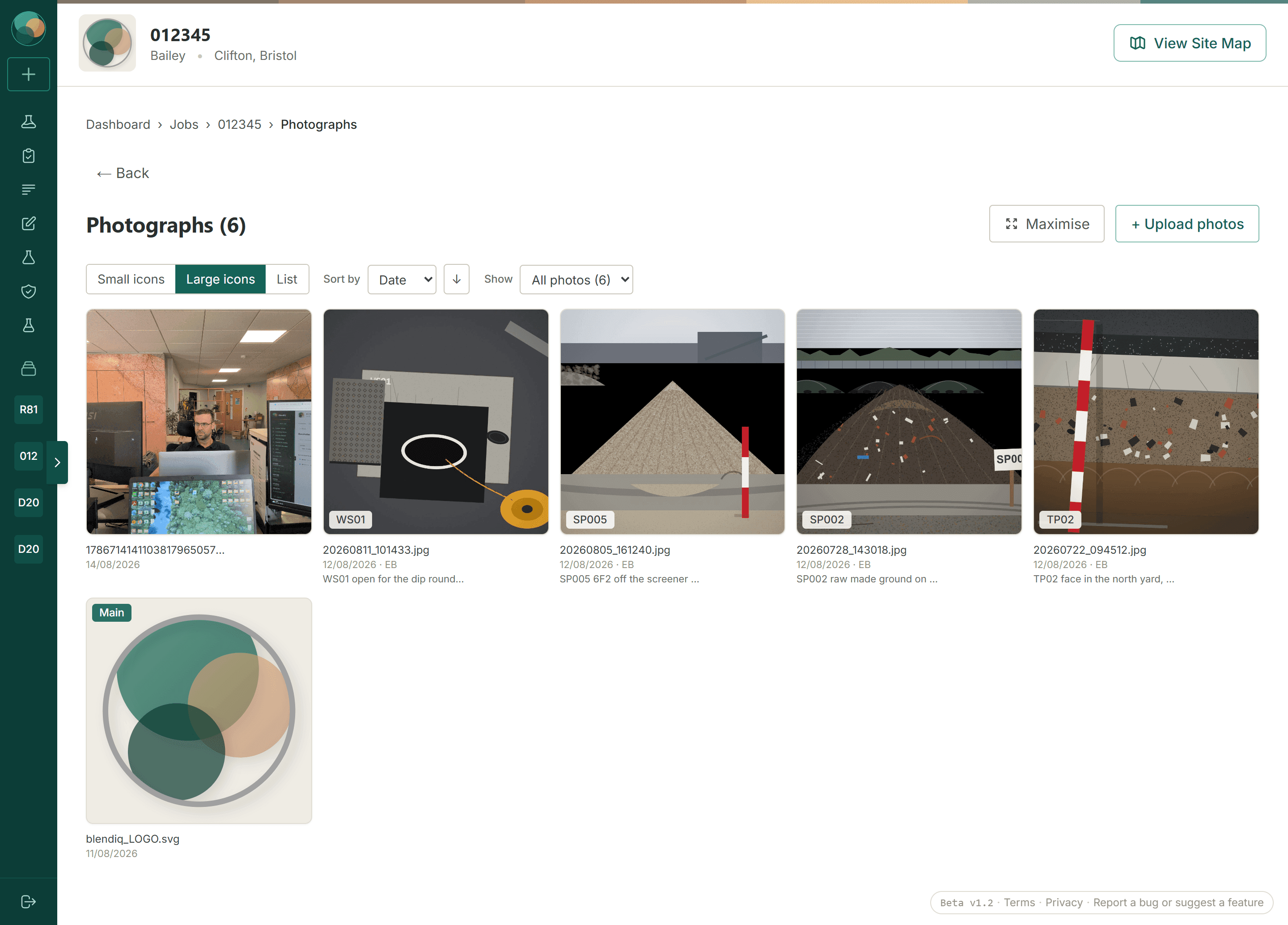 The BlendIQ photographs page for one job: a grid of site photographs, each captioned and tagged to the trial pit, well or stockpile it shows.