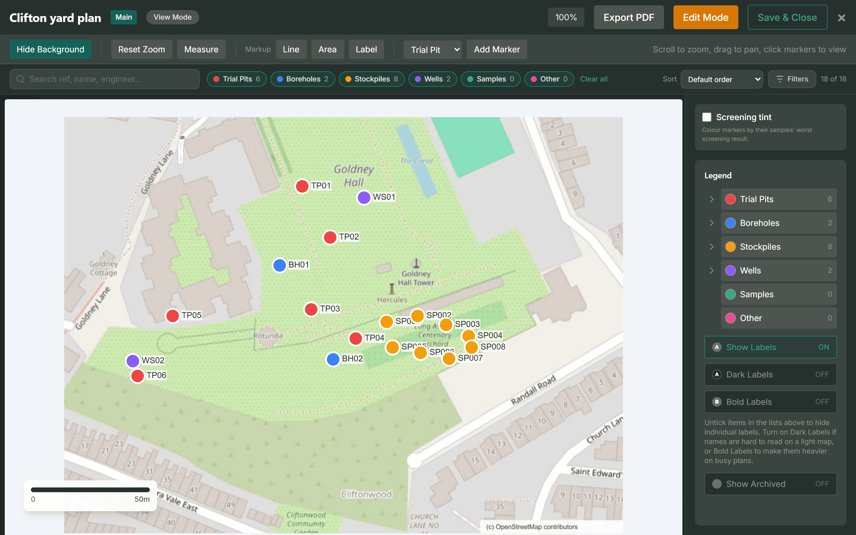 A BlendIQ site map of the Clifton yard with labelled trial pits, boreholes, wells and stockpiles on a scaled plan, a legend and a 50 metre scale bar.