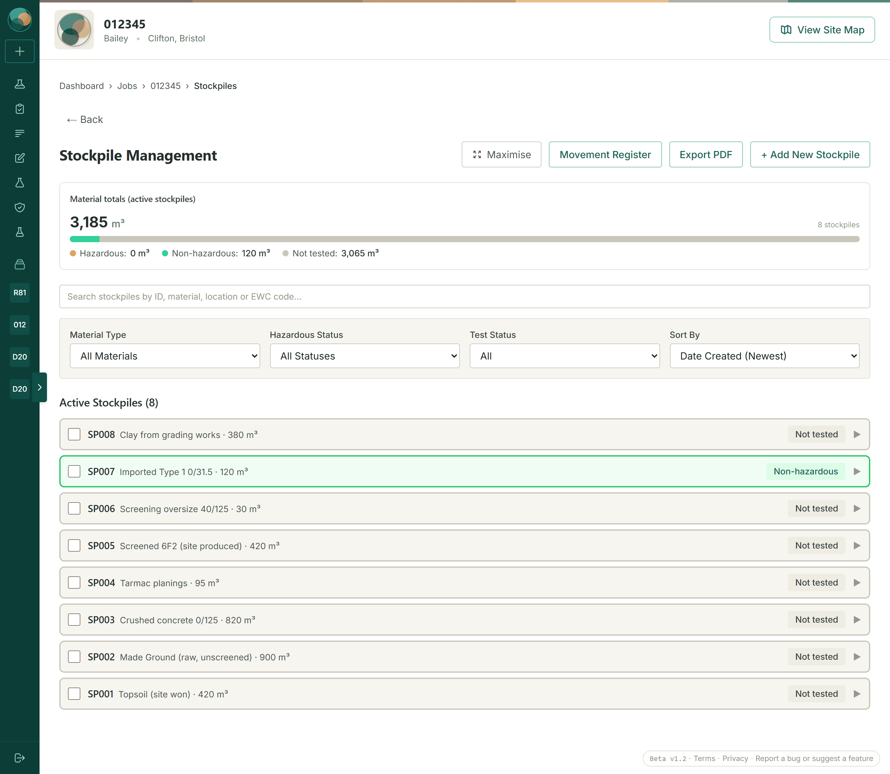 BlendIQ stockpile management: material totals for a job split by hazardous status, then eight stockpiles listed with their material, volume and test status.