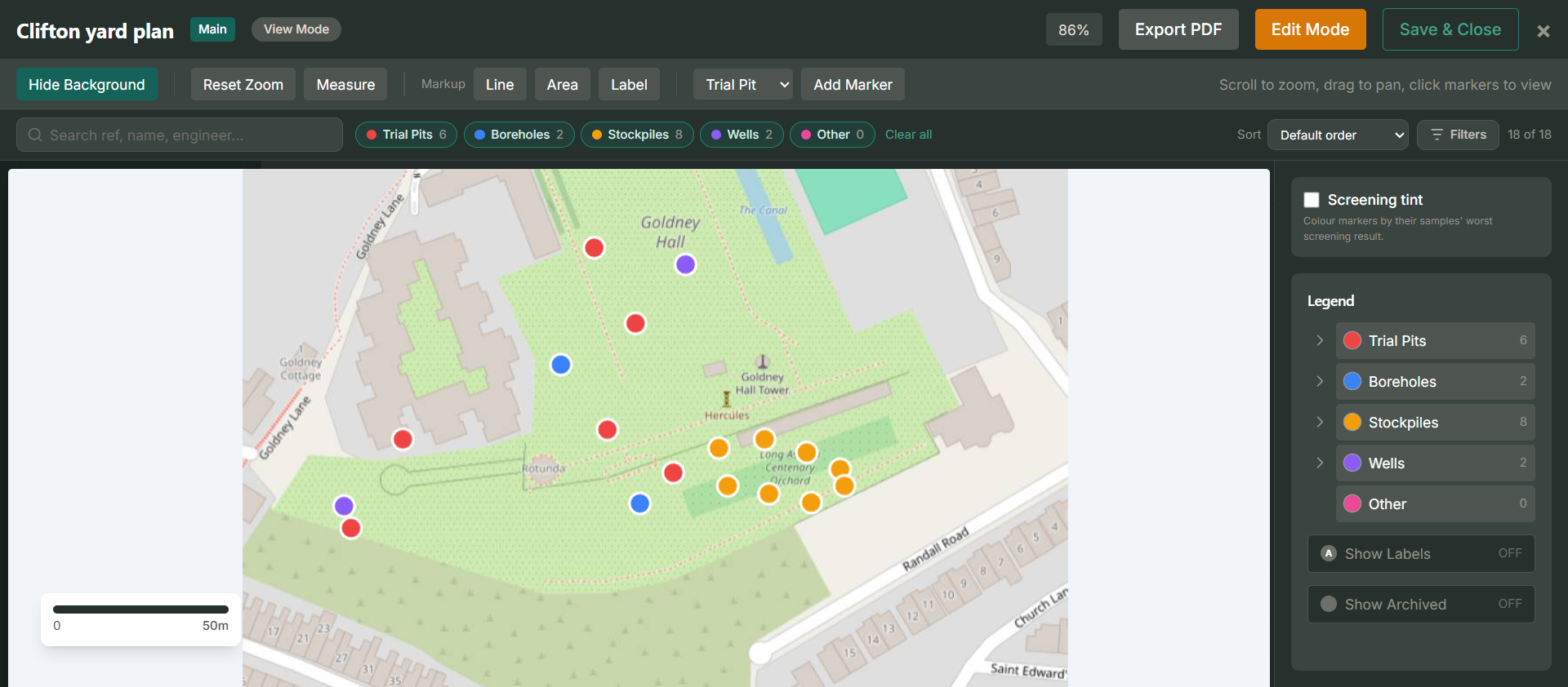A BlendIQ site map with trial pits, boreholes and stockpiles marked on a scaled site plan.